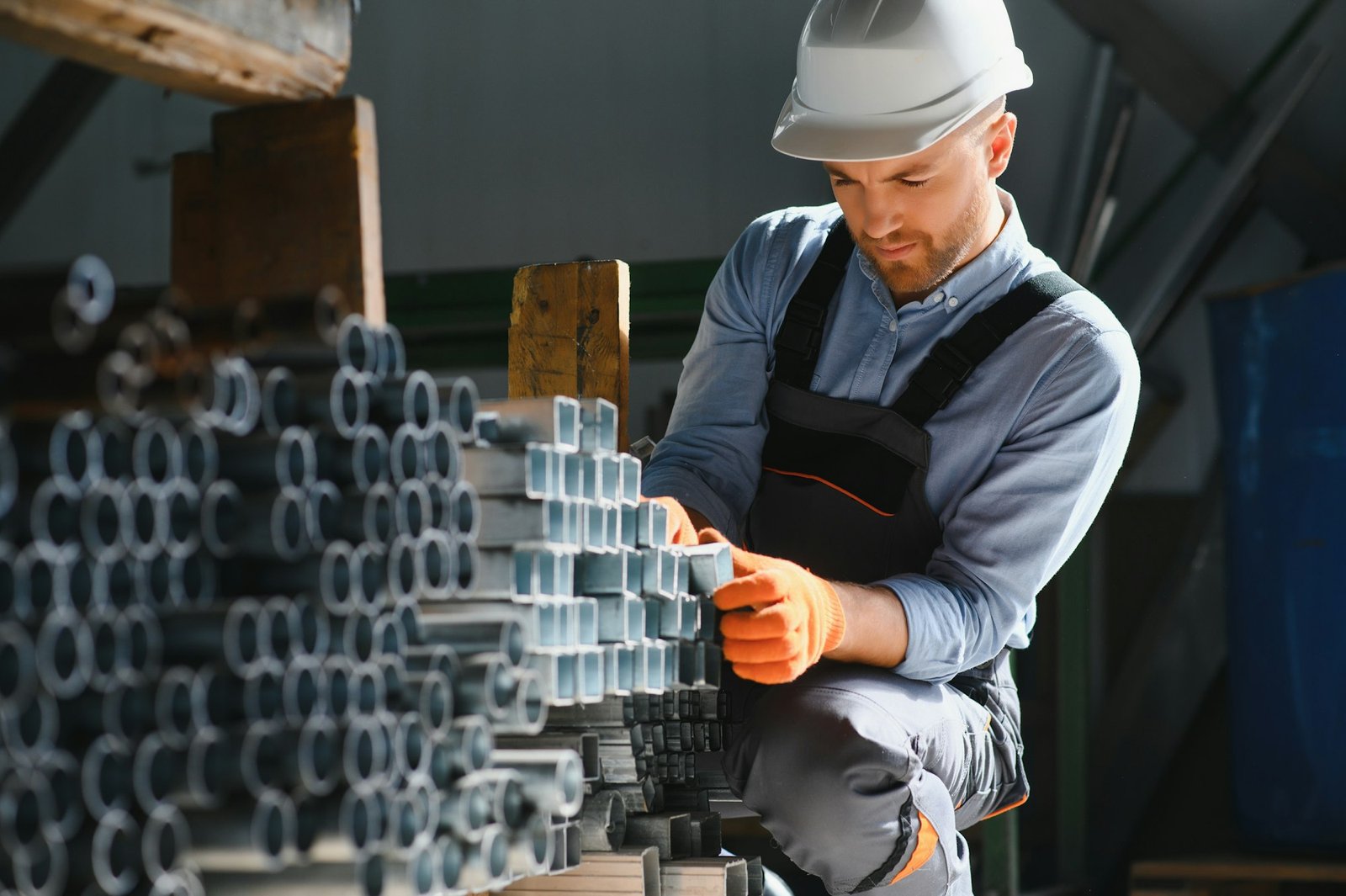 Factory worker measures the metal profile